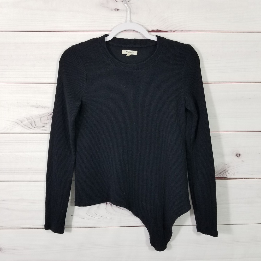 Madewell Elwood Knot Front Blouse Top Womens Size XS Black Ribbed Knit.